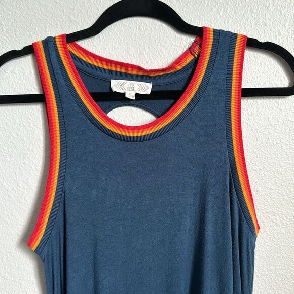 Small, Pink Rose dress, blue, multicolored stripes trim, T-shirt dress - Picture 2 of 8